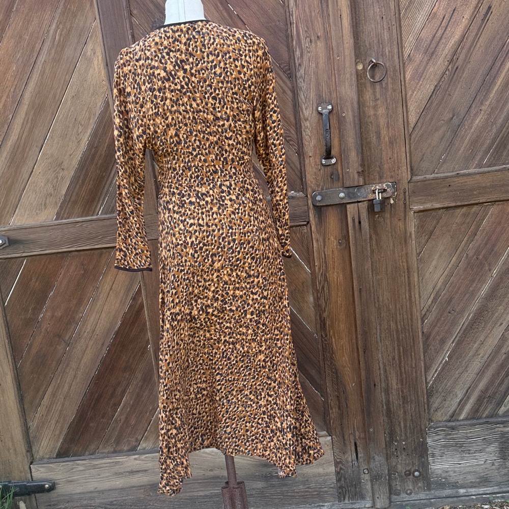 Zara Brown Leopard Long Sleeve Dress ties on the side S - Picture 7 of 12